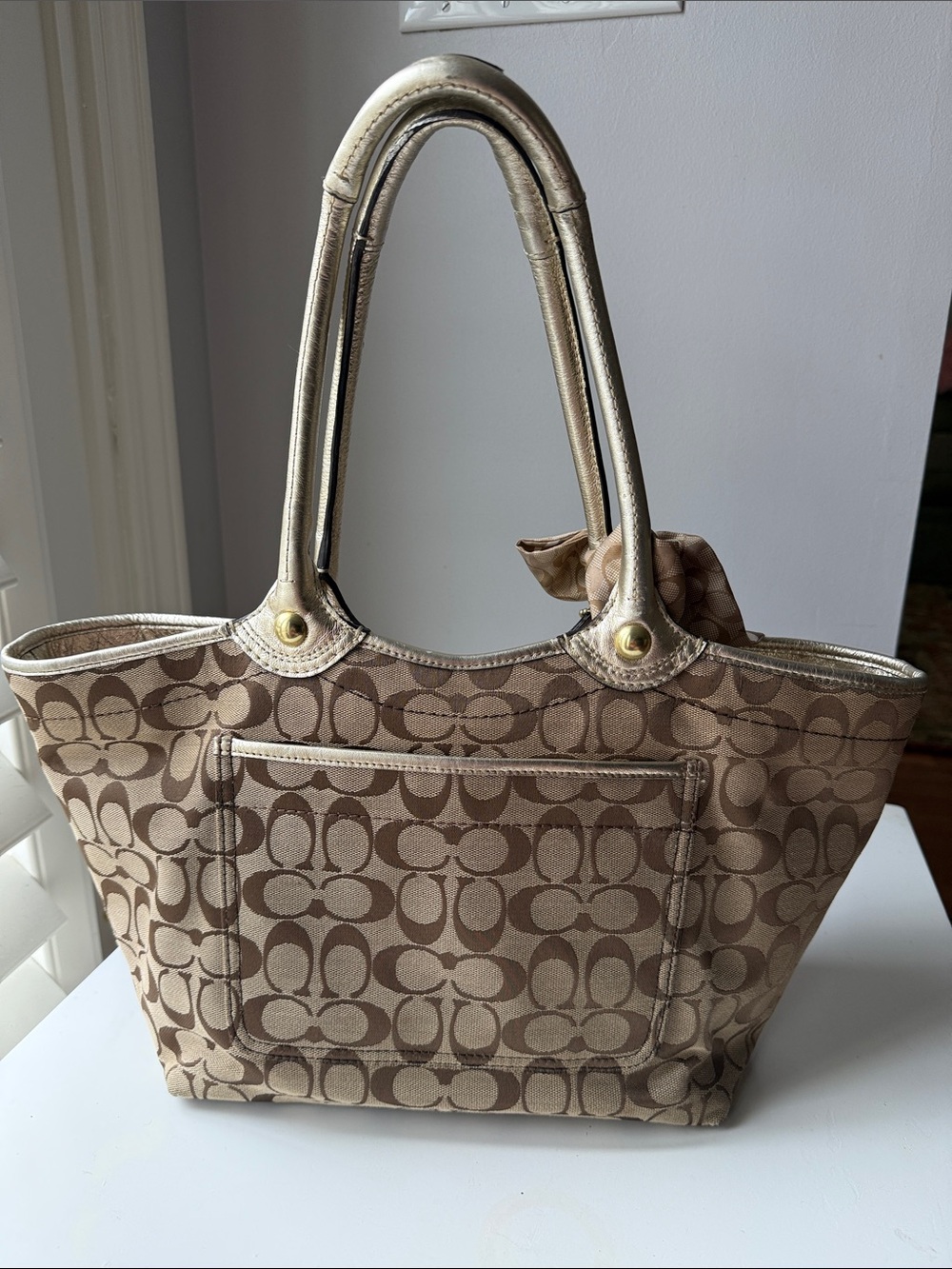 Coach Bleecker Tan Canvas Signature Tote with Floral Appliqués and Gold Handles - Picture 4 of 15